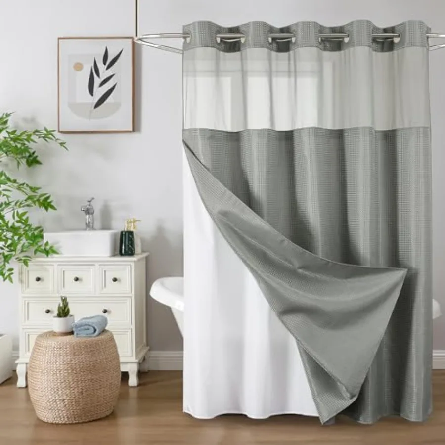 

No Hook Shower Curtain with Snap in Fabric Liner Waffle Weave Heavy Duty Thick Shower Curtains with Mesh Top Window Hotel Style