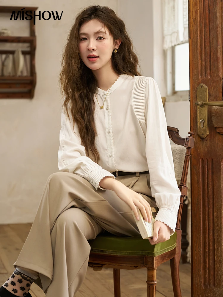 MISHOW Button Up Long Sleeve Blouse Women 2024 Spring Autumn Lace Patchwork Shirt Female Fashion French Versatile Top MXD11C0177