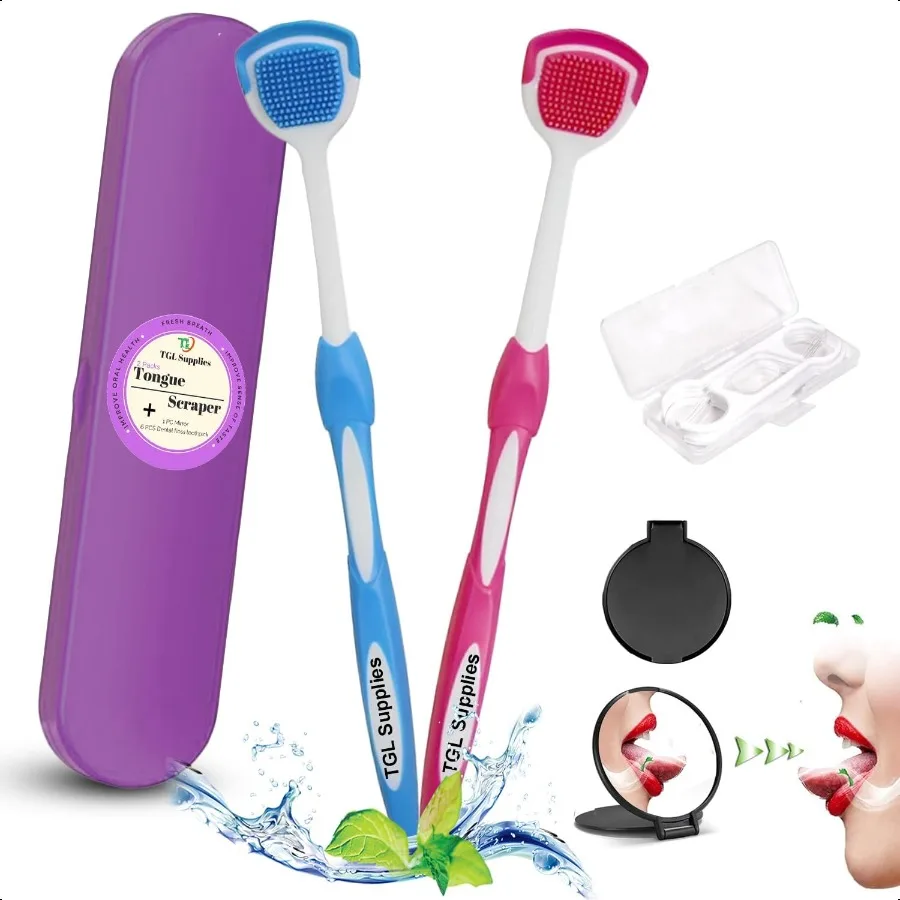 مكشطة اللسان للبالغين 2 عبوة مكشطة اللسان مع علبة + 6 عبوات من خيط تنظيف الأسنان + 1 مرآة جميلة 100% خالية من مادة BPA Bad B #1
