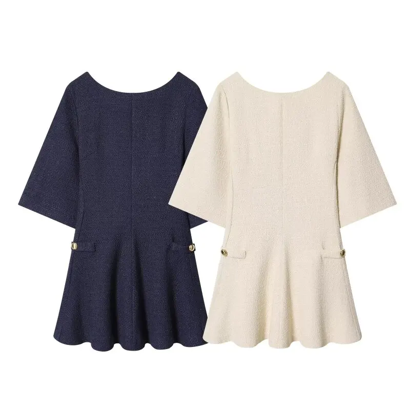 Minivestido de verano de dos tonos de media manga de tela de rizo para mujer, diseño sin espalda, moda fresca, traje para fiesta en la playa y discoteca