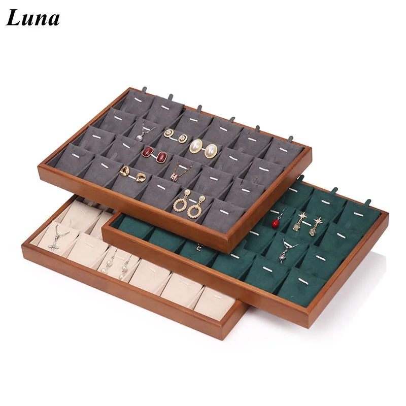 New 24-Slot Velvet Lined Jewelry Display Tray, Wood Lacquer Necklace & Earring Showcase Box for Live Stream/Store Counter​