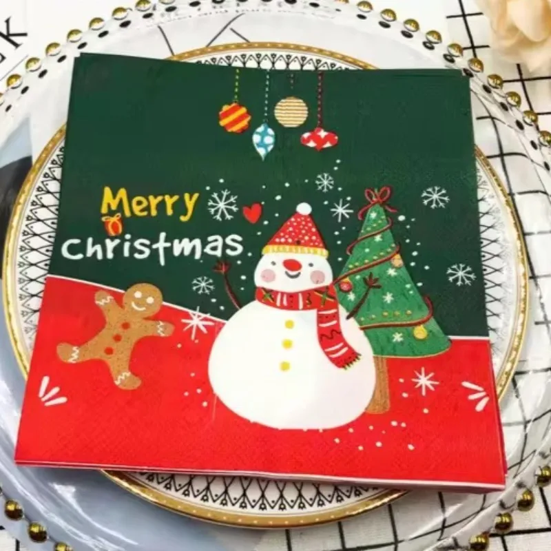 20pcs 33cm 2Layer New Christmas Elements Napkins Snowman Christmas Tree Green Red Party Towels DIY Decoupage Paper