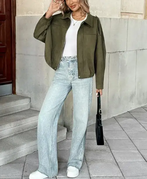 

Personalized Street Fashion Jacket Imitation Suede Military Green Lapel Women's Jacket Autumn Casual British Motorcycle Jacket