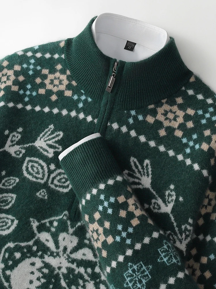 

TLOML мужской 100% кашемировый свитер с воротником-стойкой, толстый винтажный жаккардовый пуловер на молнии, осень-зима, удобный кашемировый трикотаж, топы