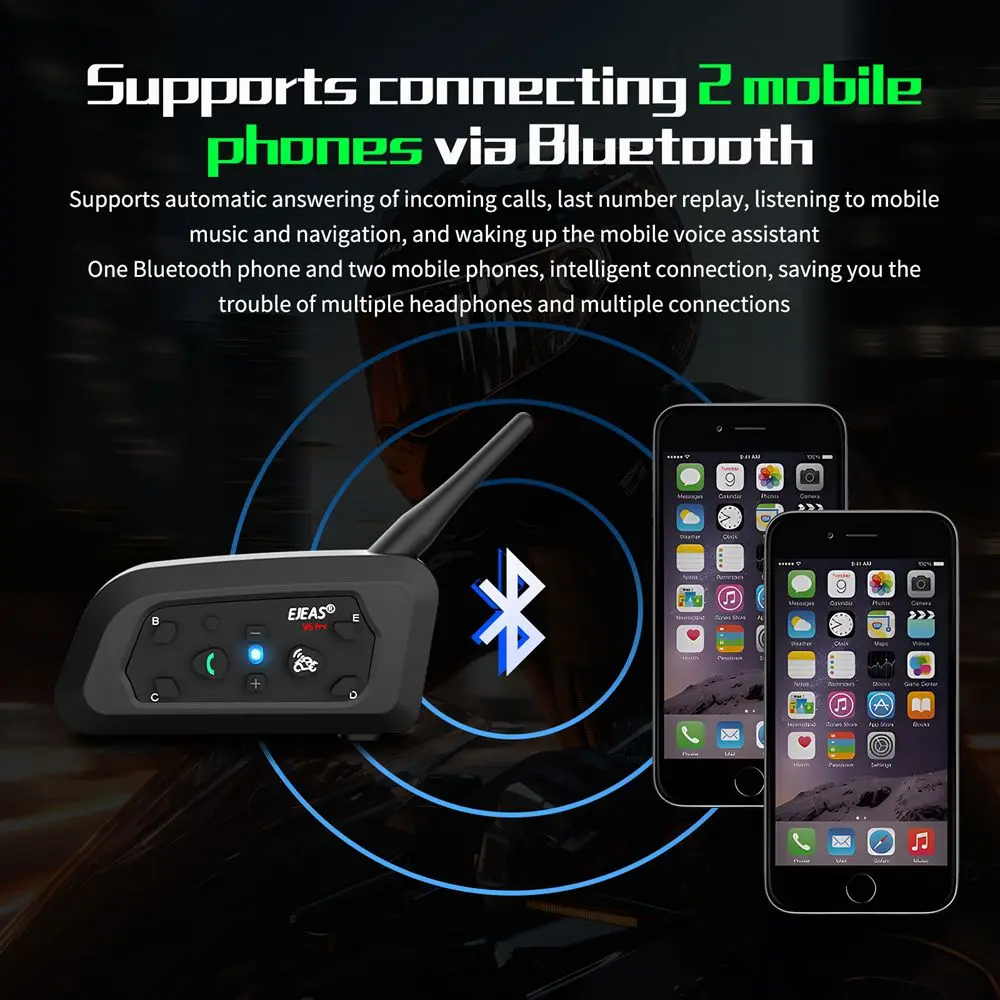 EJEAS V6 PRO+ Motorradhelm-Gegensprechanlage, Bluetooth-Headset, 6 Fahrer, Kommunikator, wasserdicht, V5.1-Musikplayer, 800 m Gegensprechanlage – Detail 14