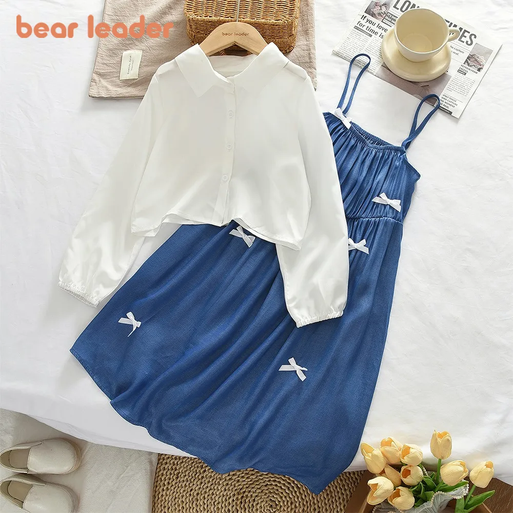 

Bear Leader, однотонная одежда для девочек-подростков, осенняя белая рубашка с длинными рукавами, топ + украшение с бантом, платье на подтяжках, детский комплект