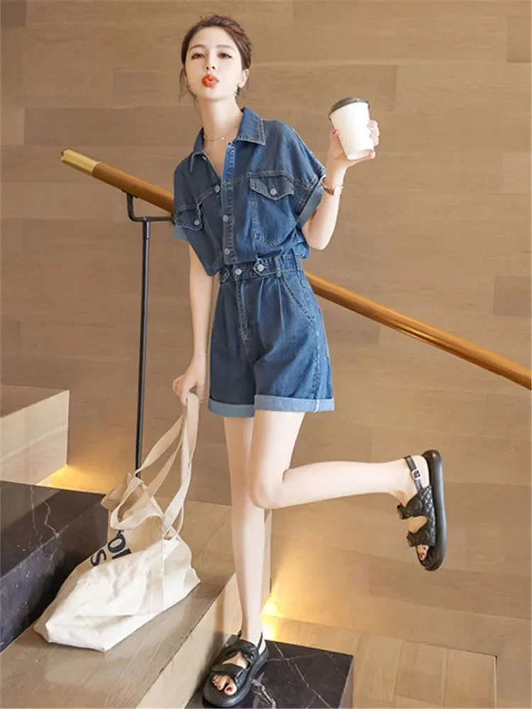 Zoete coole stijl zakken ontwerp denim jumpsuit dames zomer nieuwe casual slanke korte mouw streetwear jeans rompertjes ropa de mujer