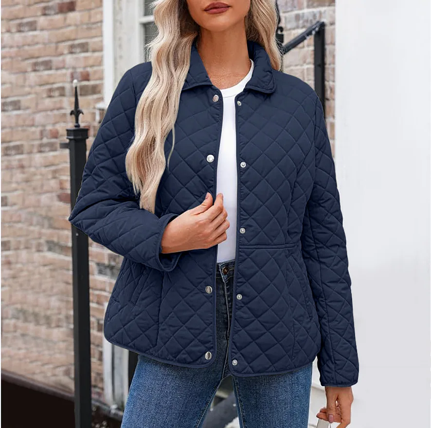 2025 Womens Coats Bovenkleding Autumn Winter Solid Color Cotton Coat Women's Lapel Button Single-breasted Rhombus Quilted Jacket