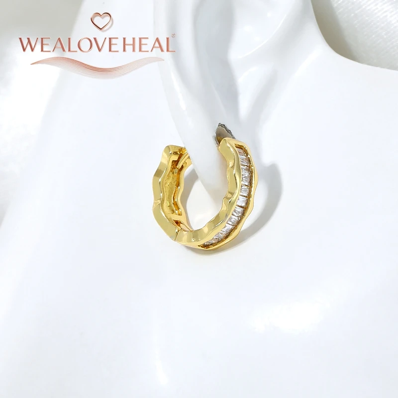 ohrringe, ohrringe damen, ohrringe gold, 18K Vergoldete Messing-Huggie-Ohrringe für Damen, Wasserwellen-Design mit Baguette-Zirkonia, Minimalistische und Luxuriöse Damen-Accessoires, Täglicher Schmuck – Detail 19