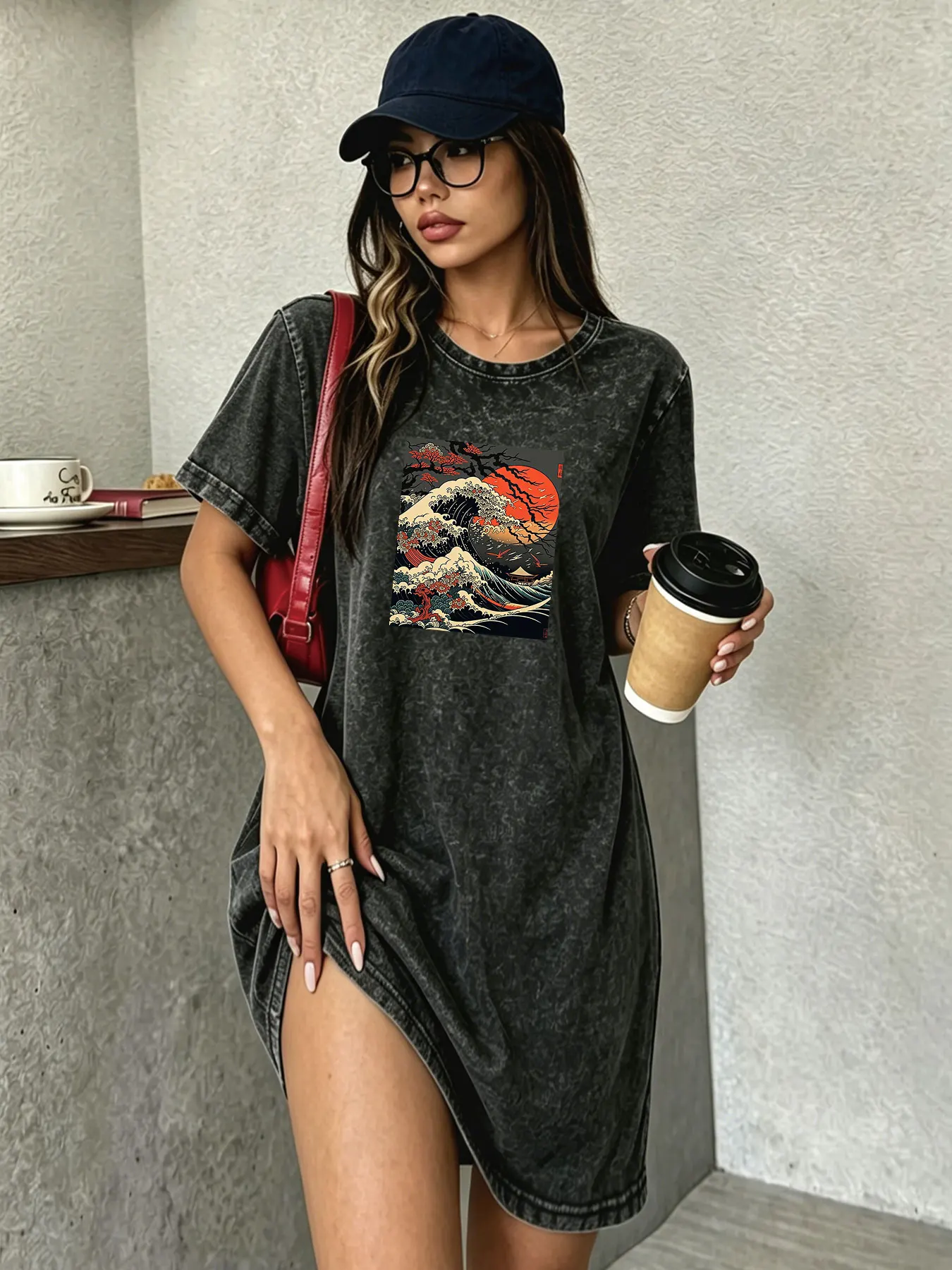 Vintage Washed Retro T-shirt Dress for Women, Fashion Streetwear Japanese-Style Wave Print Dress