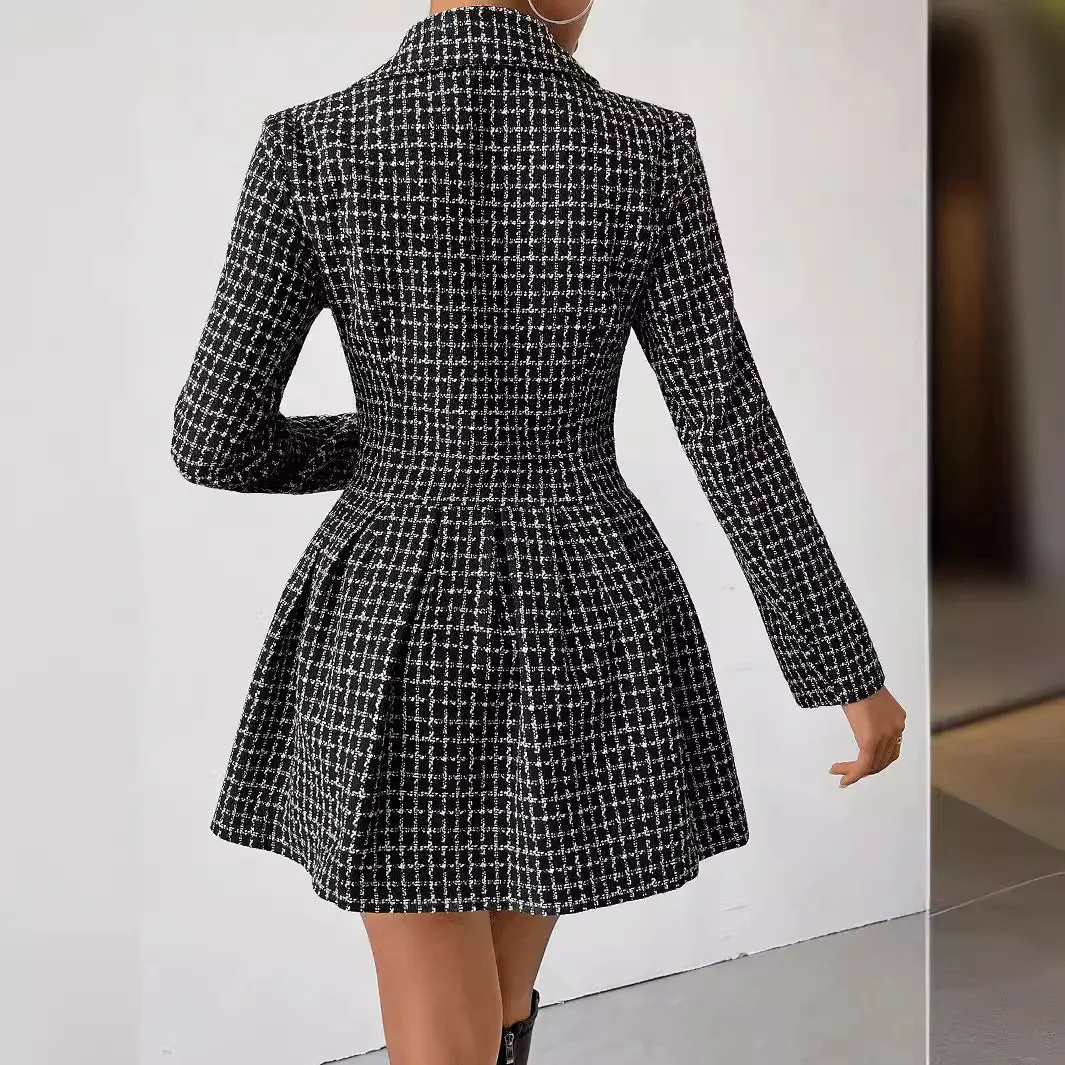 Autumn Blazer Dress Women Fashion Houndstooth Black Plaid V-Neck Long Sleeve Pleated Double Breasted Elegant Women Office Lady