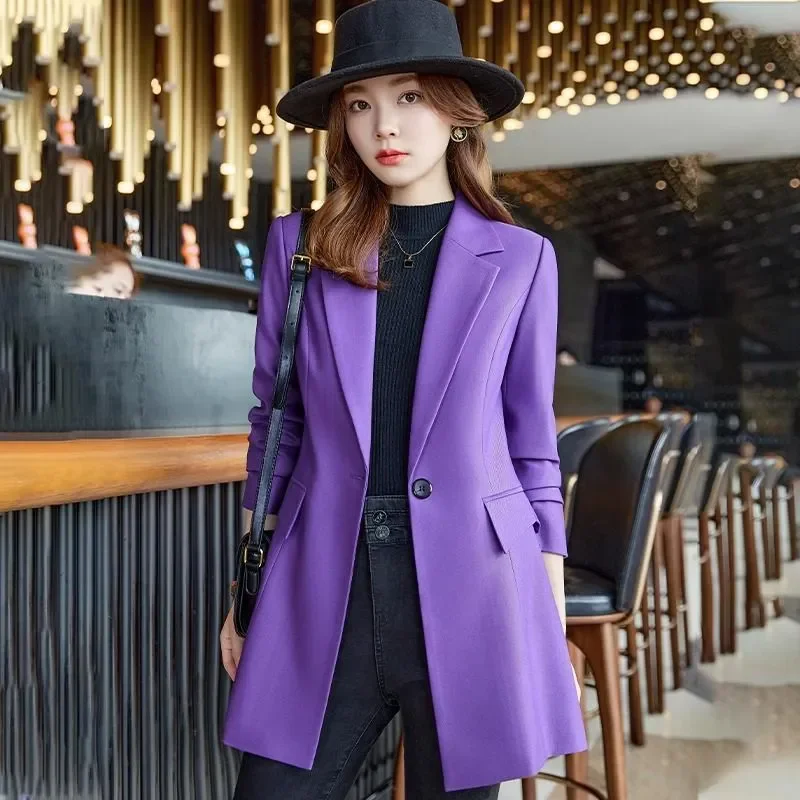 2025 novo roxo feminino trench coat blazer outono moda manga longa magro meados de comprimento terno jaqueta escritório casual chique outerwear