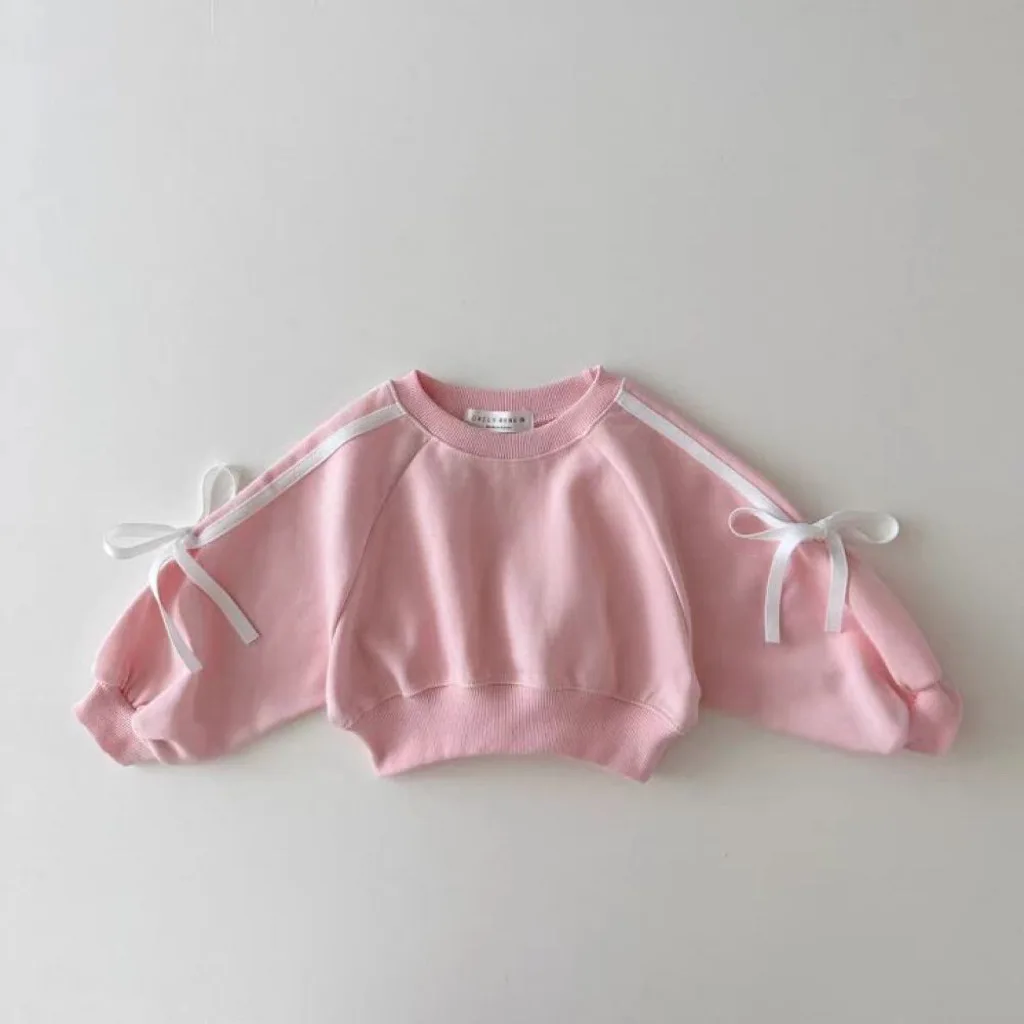 2024 Spring Autumn Tracksuit Girl Children Bow Striped Splicing Long Sleeve Tops+ Pants 2pcs Fashion Baby Cotton Sweatshirt Set