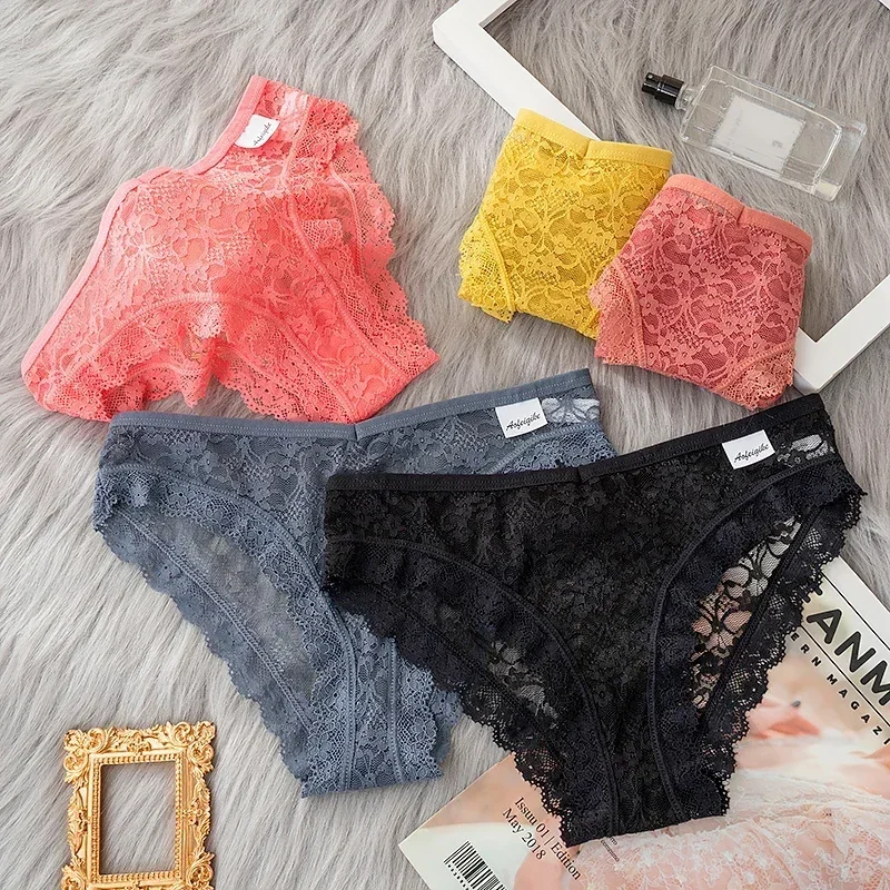 

Sexy Floral Lace Women's Panties Female Hollow Out Briefs Low Waist Underwear Seamless Lingerie Solid Color Underpants