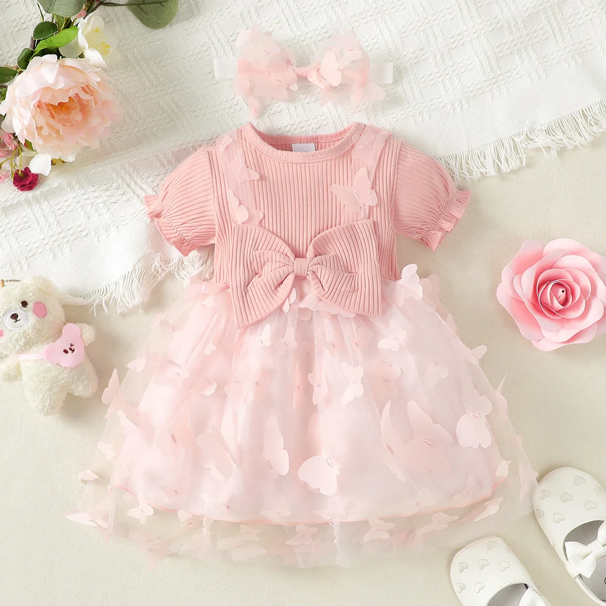 Newborn Girls Dress Spring and Autumn Toddler Girl Clothes Purple Long-sleeve Stitching Flower Print Plus White Mesh Baby Dress