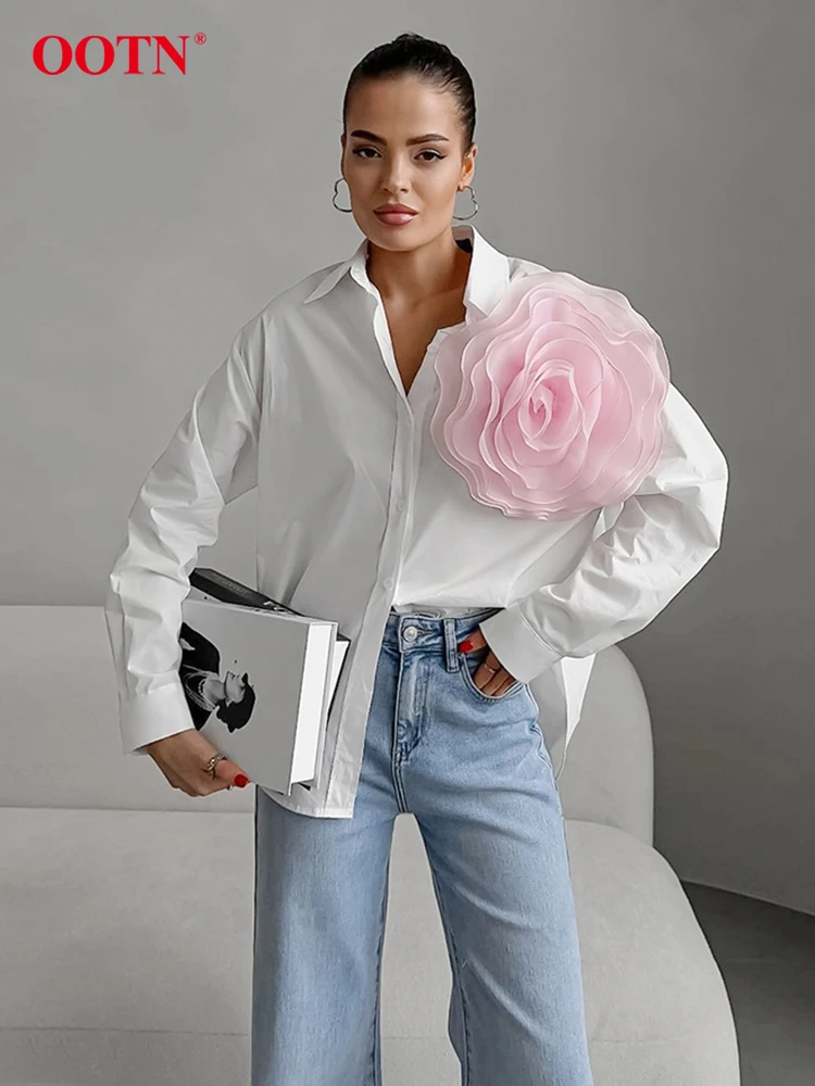 OOTN Elegant Pink Flowers White Shirts Blouses Women 2024 Summer Office Lady Long Sleeve Shirts Chic Loose Blouses Tops Female