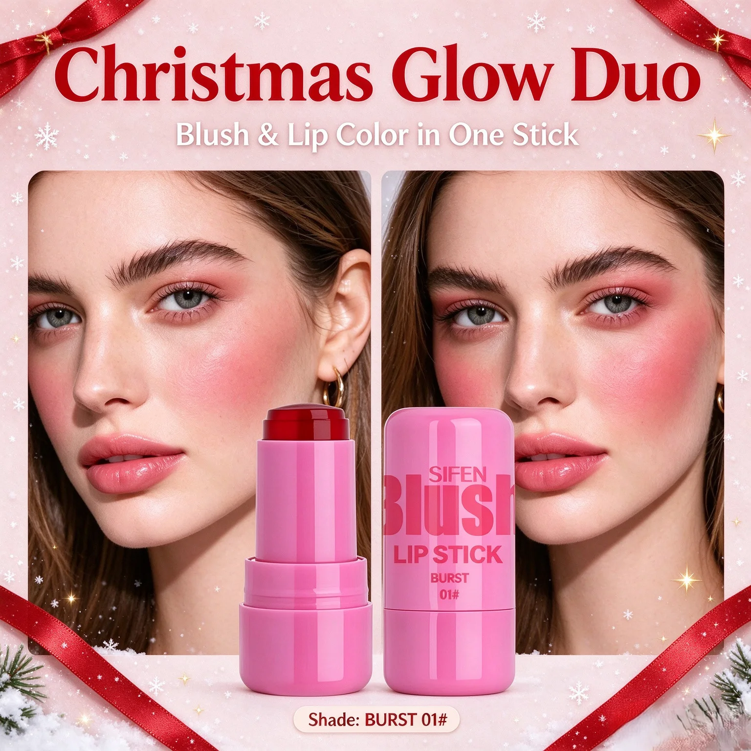 Merry Christmas 3-in-1 Multi Use Jelly Blush Stick Lip Tint Waterproof Long Lasting Cream Blush for Cheeks Lips Holiday Gift Mak