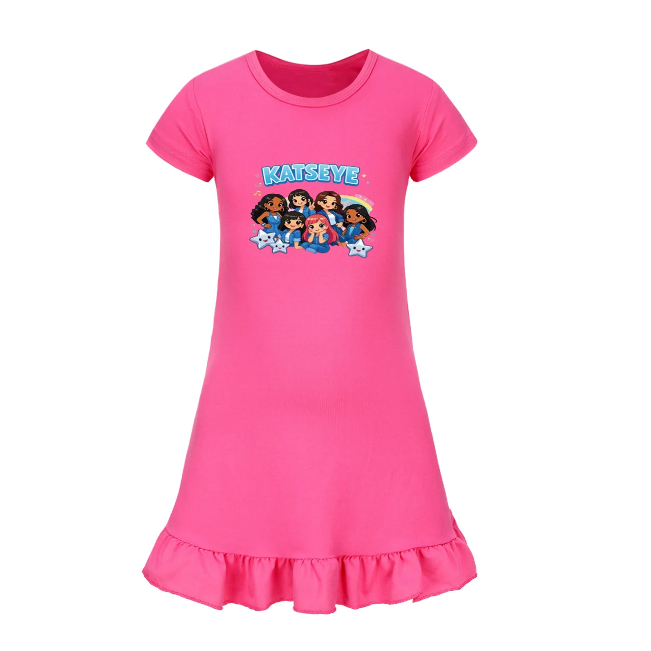 Hot Katseye Funny Print Kids Summer Casual Dresses Baby Girls Straight Nightgowns Children Daily Sleeping Night Dress