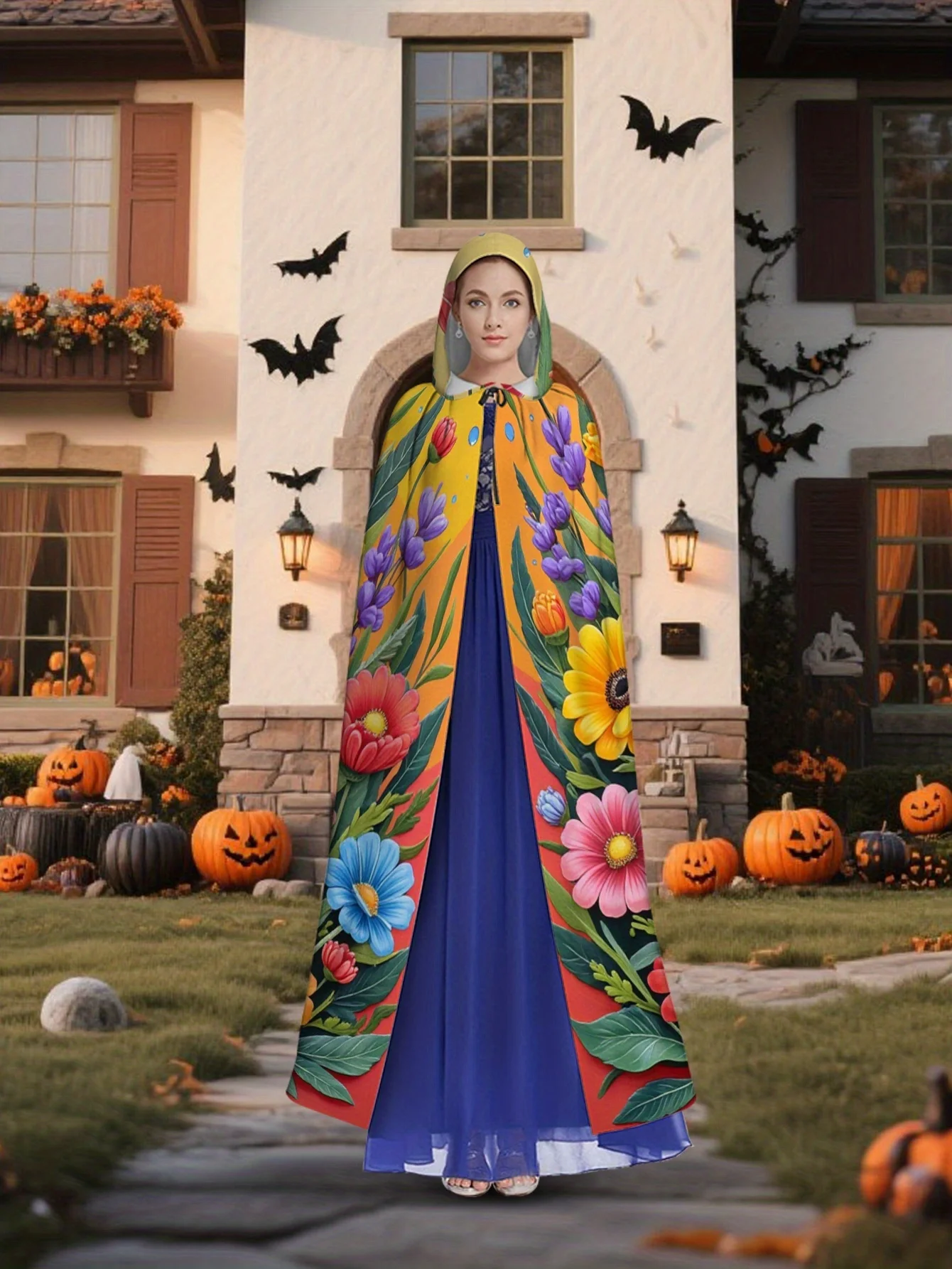 Customization 1pc LianyaoShi Selection 2D Flat Printing Unique Style Hooded Cape Daisy Flower Collage 100% Polyester Winter
