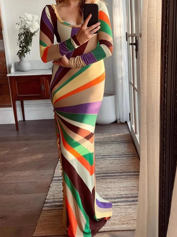 فستان ماكسي أنيق مطبوع برقبة دائرية، فستان حفلات أنيق بأكمام طويلة للربيع والخريف، فستان نسائي مثير بفتحة عالية للعطلات #1