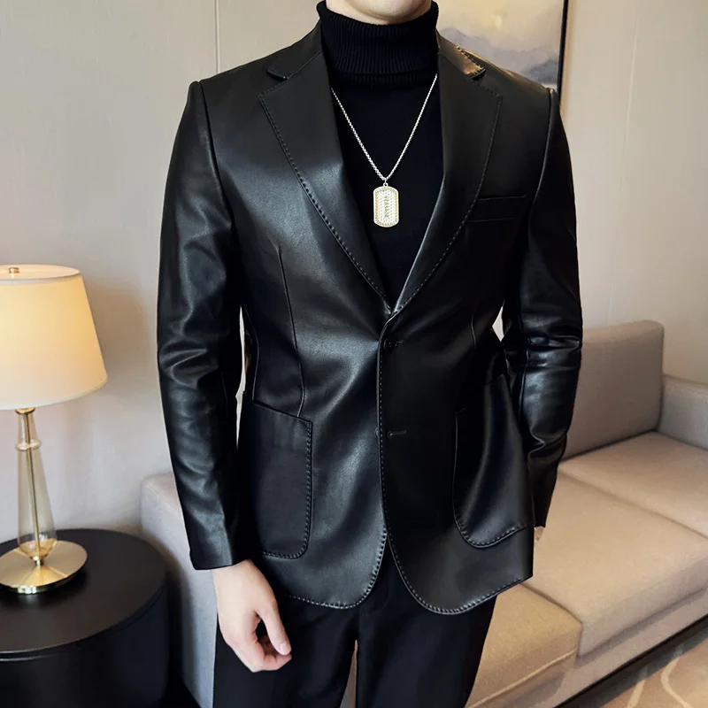 

Мужские пиджаки из искусственной кожи высокого качества, осень-зима, однотонные деловые повседневные мужские пиджаки, приталенный костюм, пальто, мужские 4XL