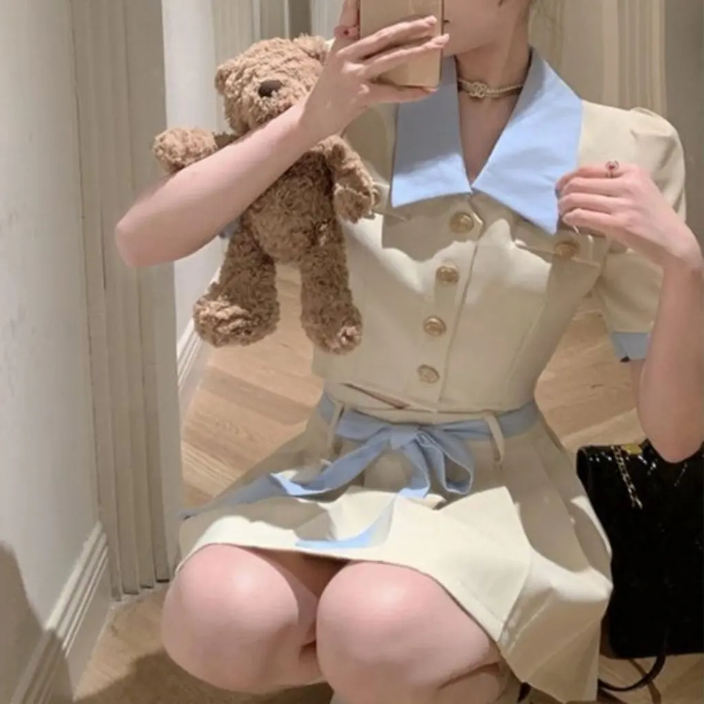 

Women's College-Style Short Puff Sleeve Shirt And Pleated Mini Skirt Two-Piece Set Summer Outfit Small Size