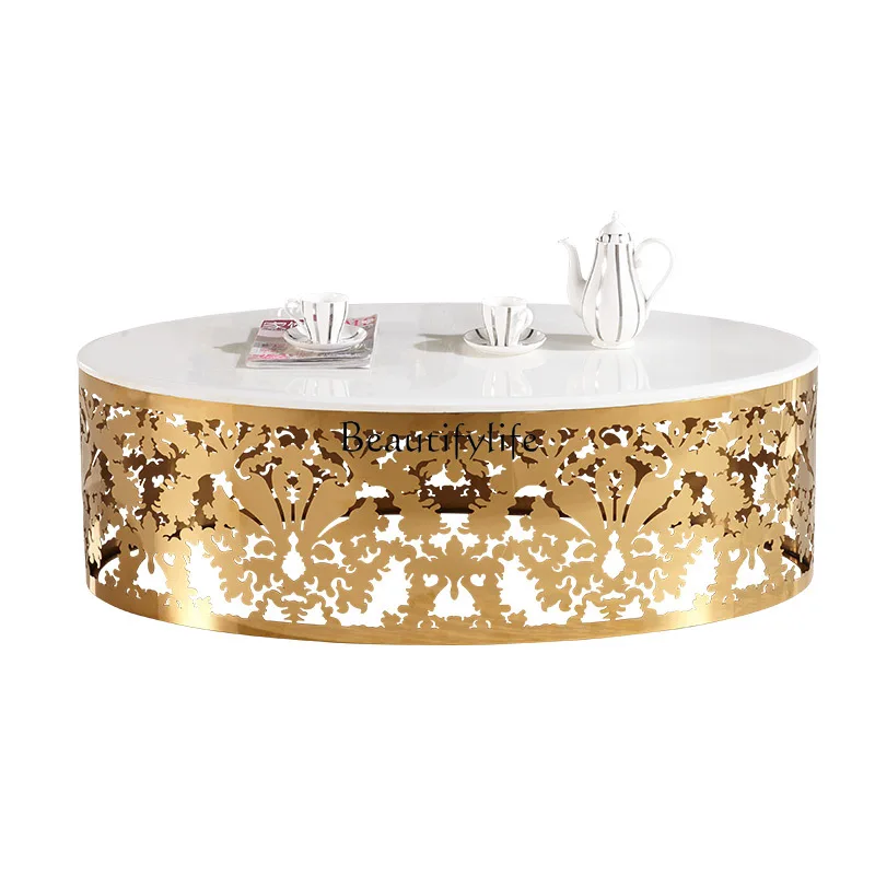 

Gold luxury glass coffee table metal oval hollow engraved plating