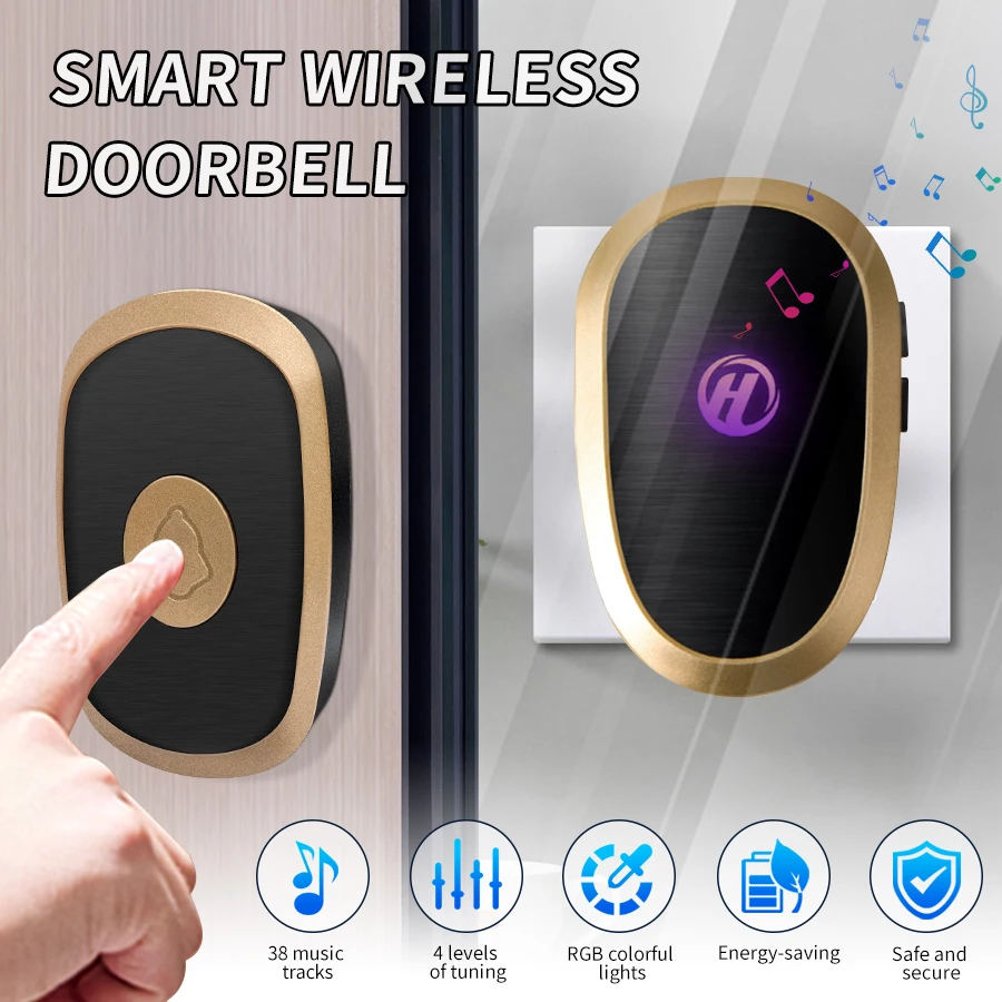 Wireless Doorbell Waterproof Door Chime Kit Welcome Chime Home Door Bell Intelligent 38 Songs And Led Smart Alarm With Battery