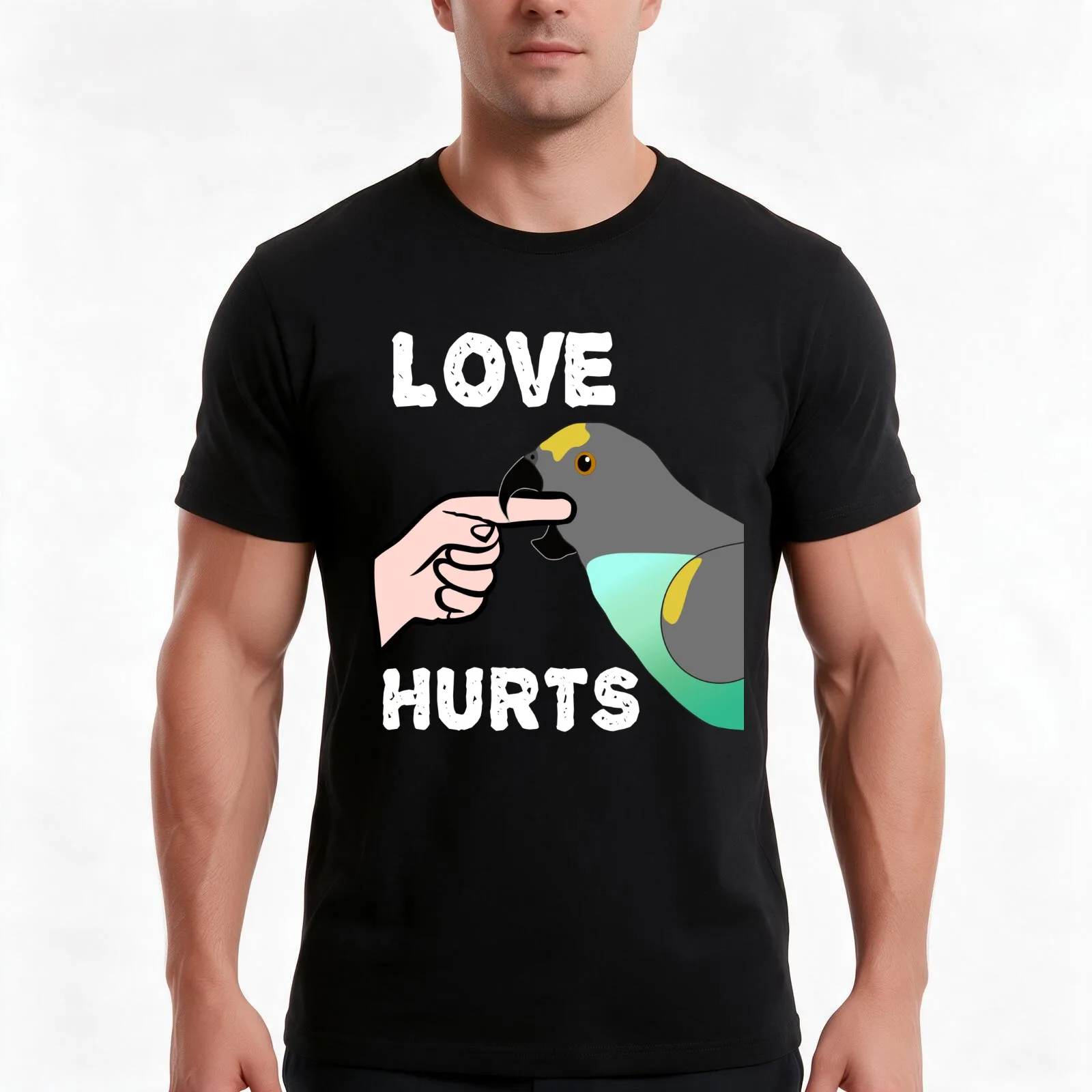 Love Hurts Meyers Parrot biting T-Shirt, Summer Casual Cotton Tee, Oversized Streetwear Tops, Vintage Graphic Print, 100% Cotton