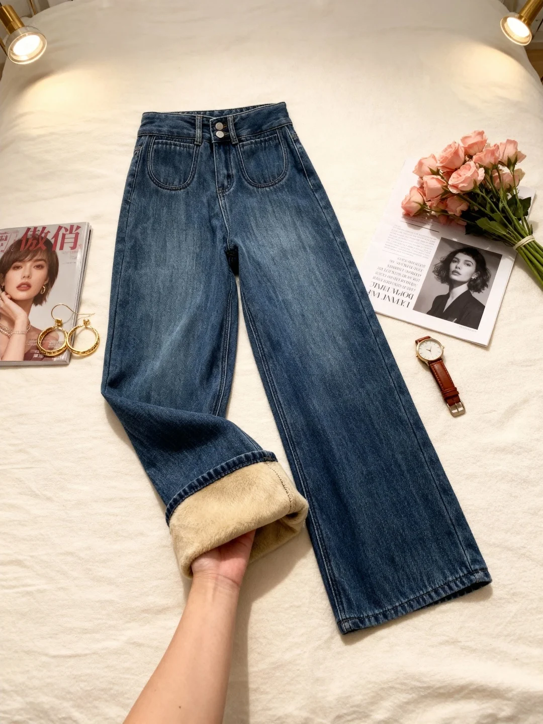 Fce forrado thi perna reta jeans feminino cintura alta solto ajuste outono inverno plus size emagrecimento calças de perna larga