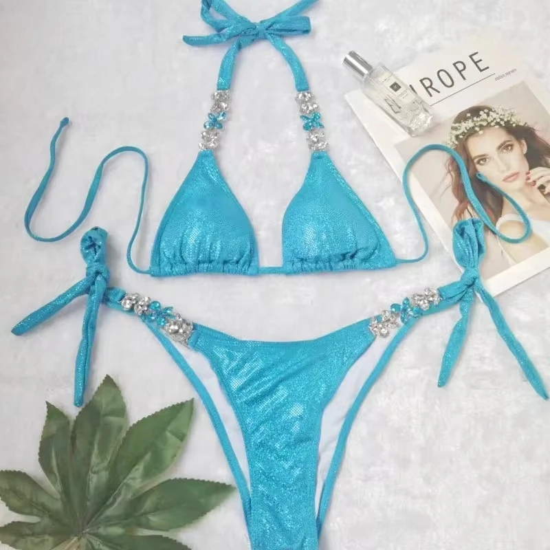 Sexy tight-fitting swimsuit with crystal backless design, two-piece strapless bikini
