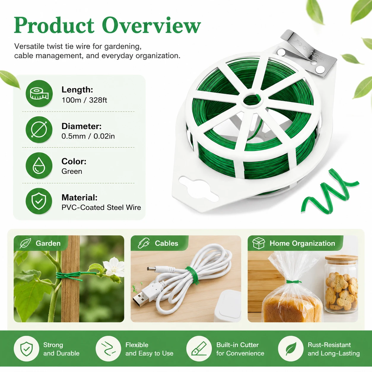 Garden Wire Twist Tie - 1-3Rolls 100M Green Garden Twist Tie,