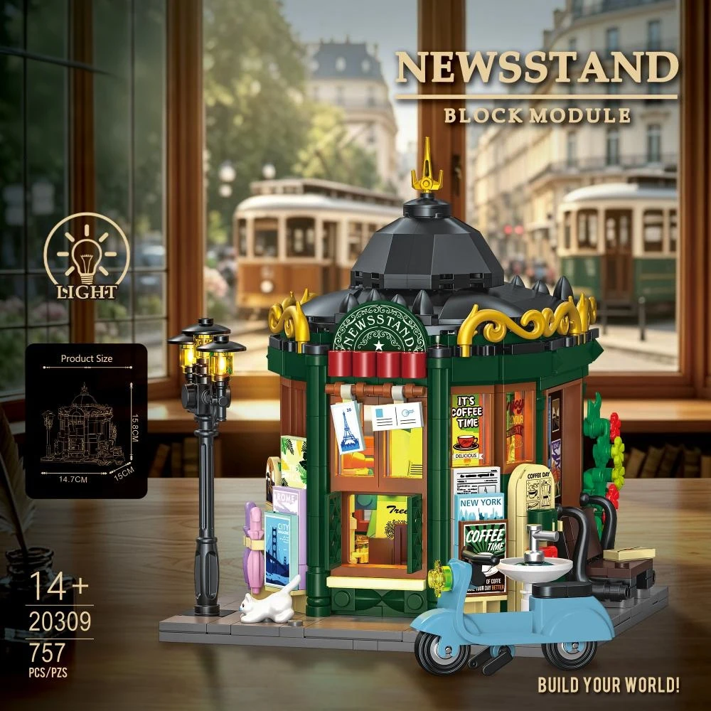 757PCS French Newsstand Building Blocks Toy Set Old City Street View Model With Light Desktop Decor Collectible Gift