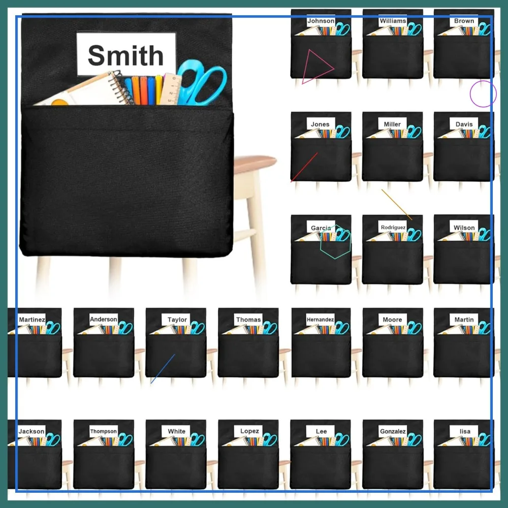 

24 Pockets Chair Sacks for Classroom, Large 20x17 Inch Seat Organizers with Name Tags, Teacher Supplies, Black
