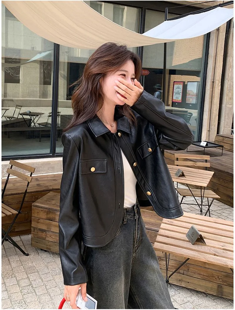 Women's Jackets Leather Jacket Black High-grade Leather Jacket Women's Spring and Autumn Short Retro High Waist pu Leather Coat