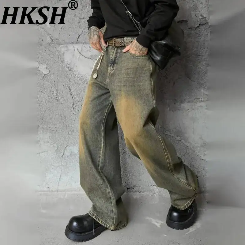 

HKSH Spring New Men Tide American Distressed Washed Jeans High Street Gradient Trend Versatile Loose Denim Pants Vinatge HK19270
