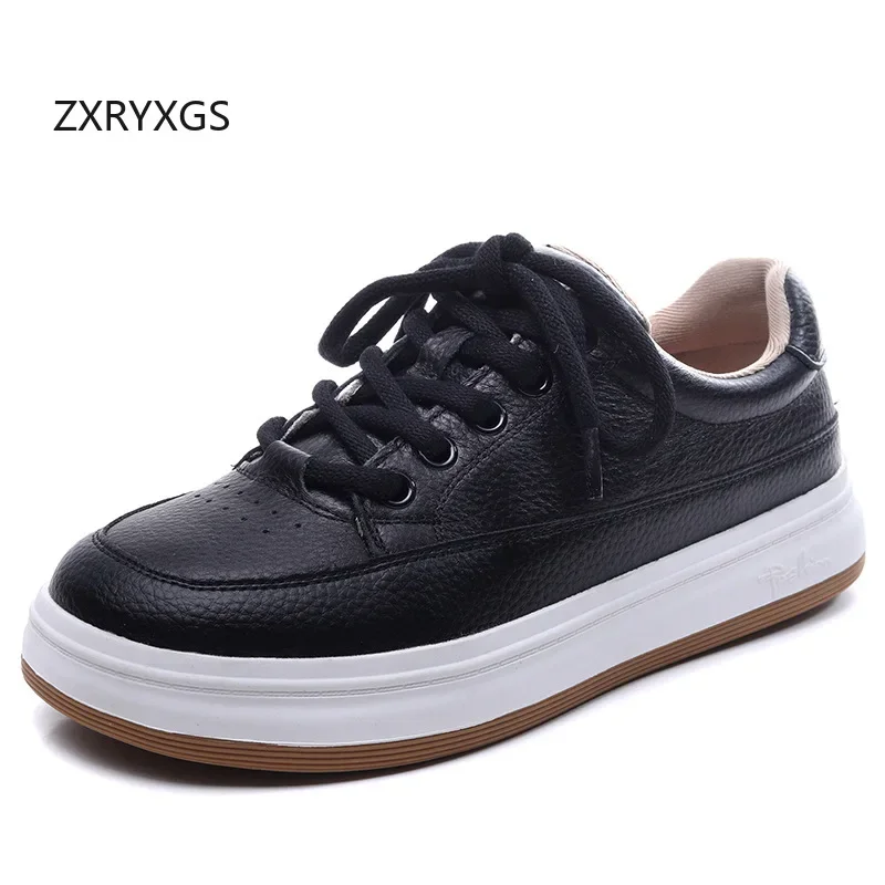 ZXRYXGS Top Layer Cowhide Comfortable Flat White Sneaker Black Shoes 2025 New Lace-up Women Leather Sneakers Casual Trendy Shoes