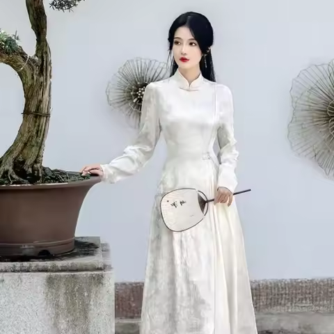 Jacquard Women Ao Dai Improve Vietnam Dress Traditional Chinese Evening Cheongsam White Long Sleeve Ladies Elegant Qipao Dress