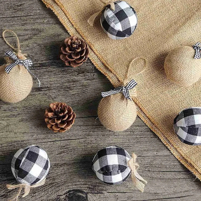 Christmas Tree Ornaments, 24 Pcs 2-1/2 Inches White Black Buffalo Check Plaid Stitching Burlap Christmas Decorations