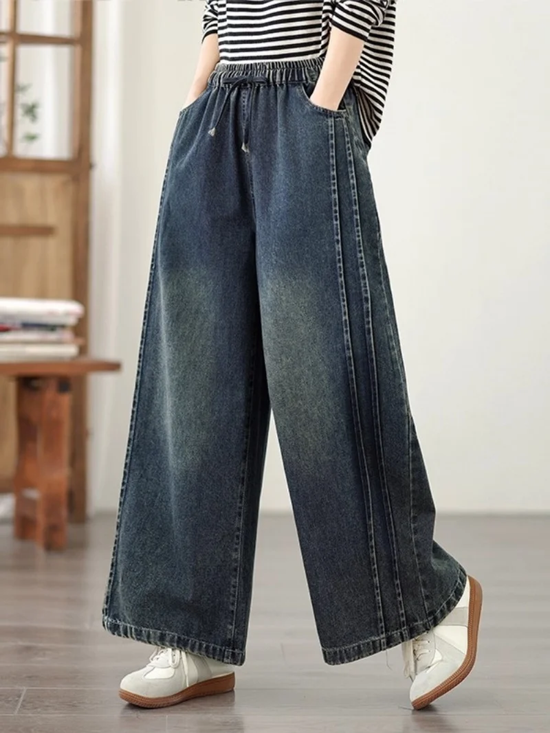 

Джинсовые широкие брюки большого размера для женщин, осень-весна 202, свободные повседневные универсальные прямые джинсы с эластичной резинкой на талии w747