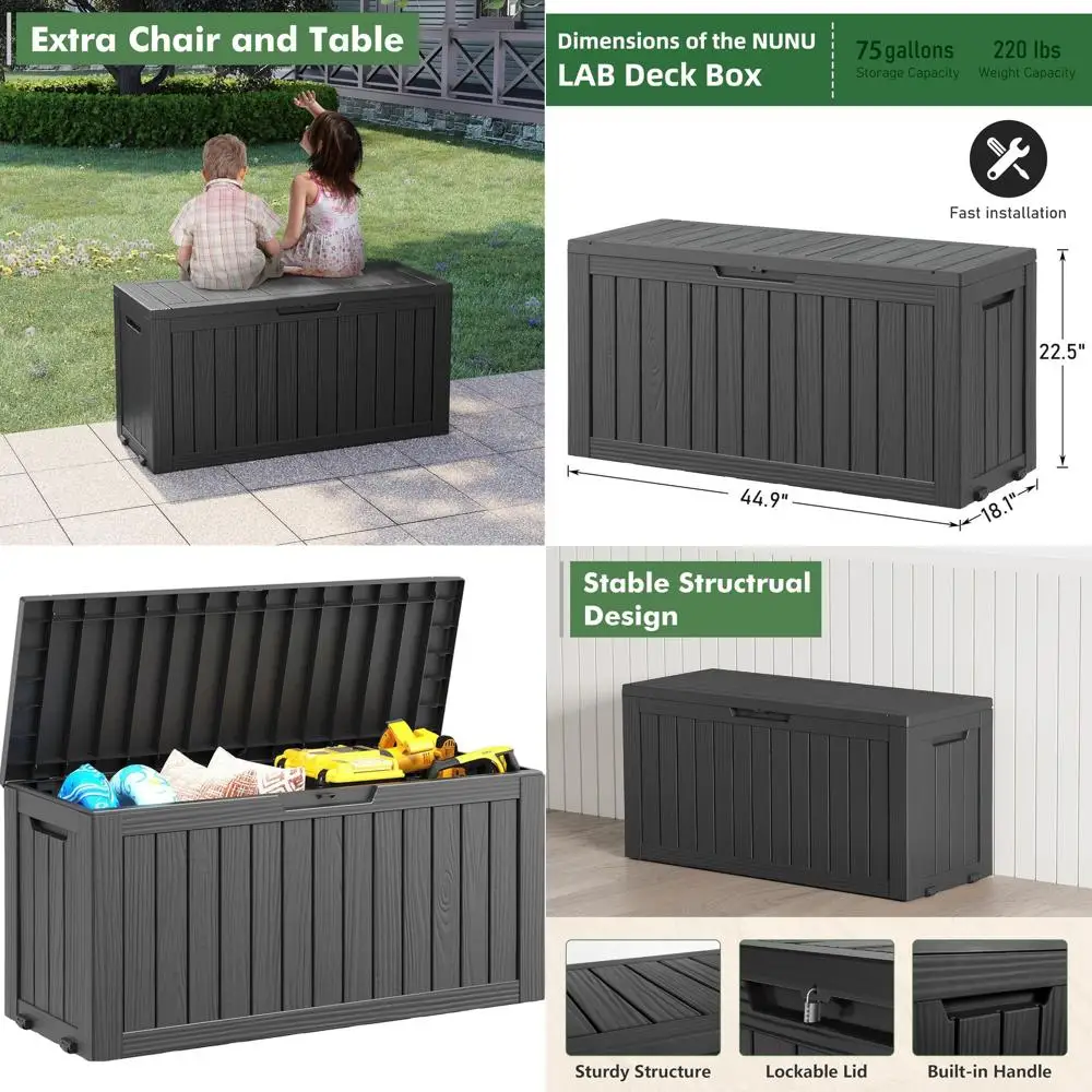 

Large Outdoor Storage Box - 75 Gallon Waterproof Deck Box for Garden Tools and Hose Storage