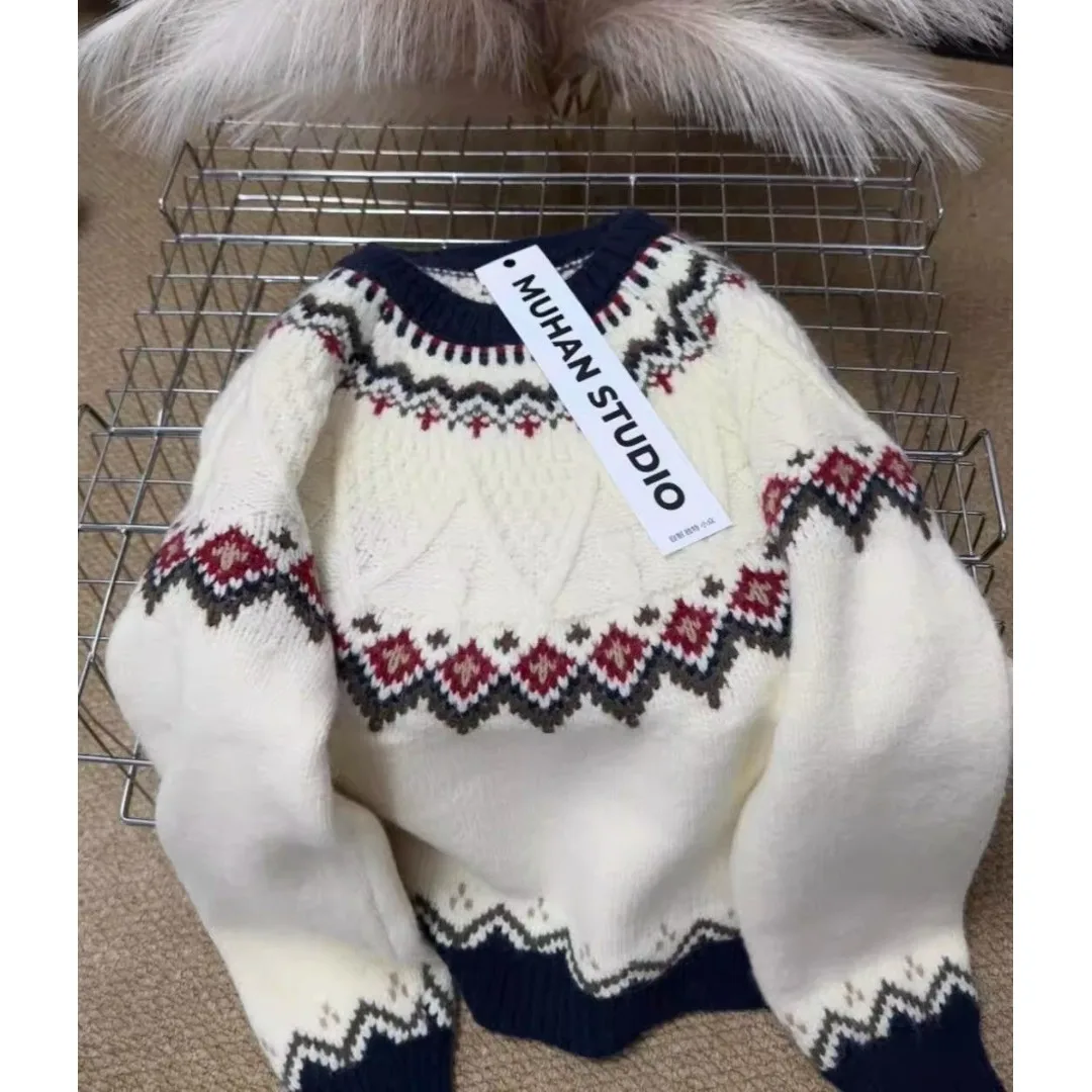 

Women's Autumn Winter Thiened Loose Knitted Sweater Hoodie Sle Outerwear Inner Match White Fair Isle Casual Faion