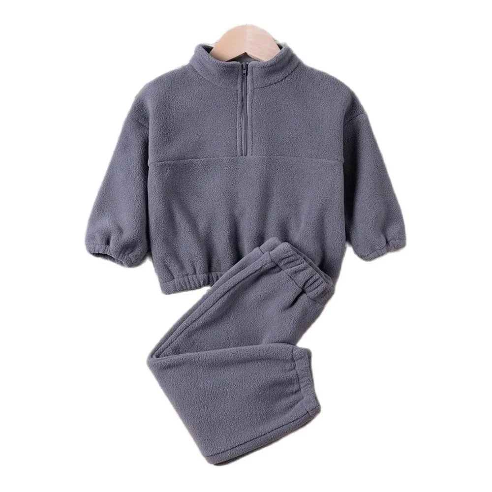 Boys and Girls Half Placket Outfits Polar Fleece Solid Stand Collar Kids Sweatshirt + Pants Clothes Set Soft Children Outfits