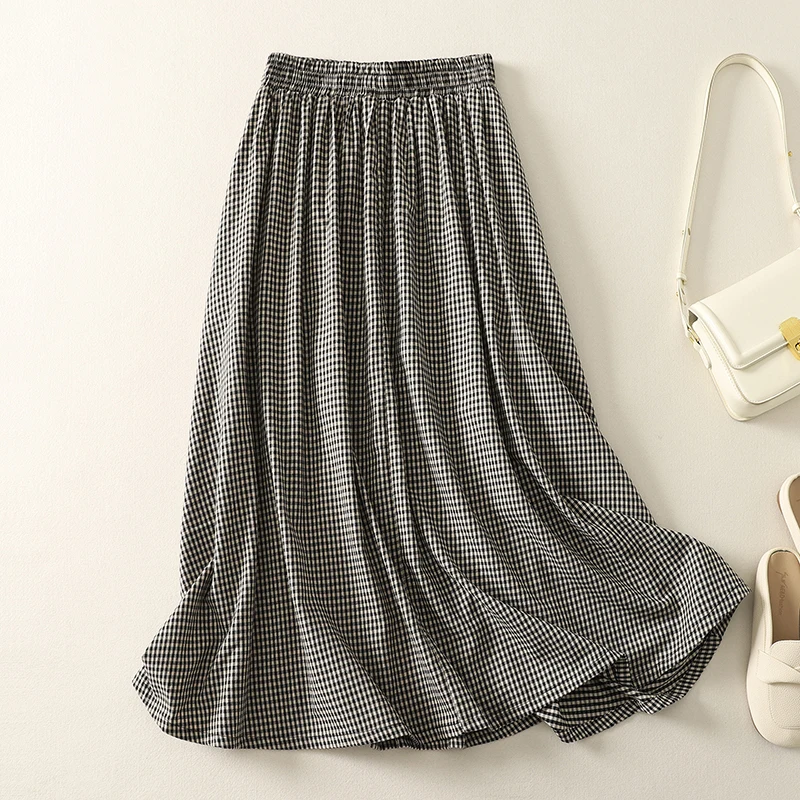Summer New Plaid f Skirt Women's Midi A-Line Skirt Cotton Linen Material Large Swing Skirt Loose Fit mid Waist Design