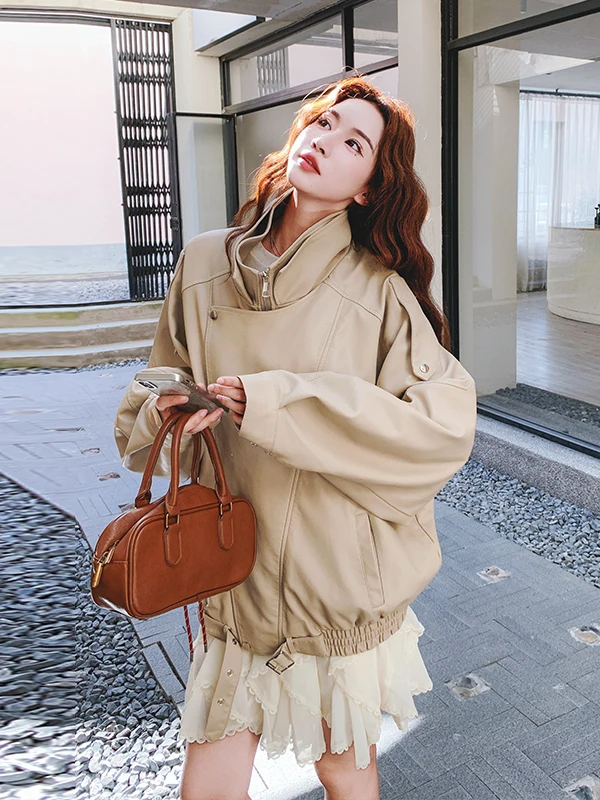 Cool Leather Jaet Women's ort Sle Spring Autumn Loose Fit Slimming Trendy PU Leather Coat Commute Wind Resistant