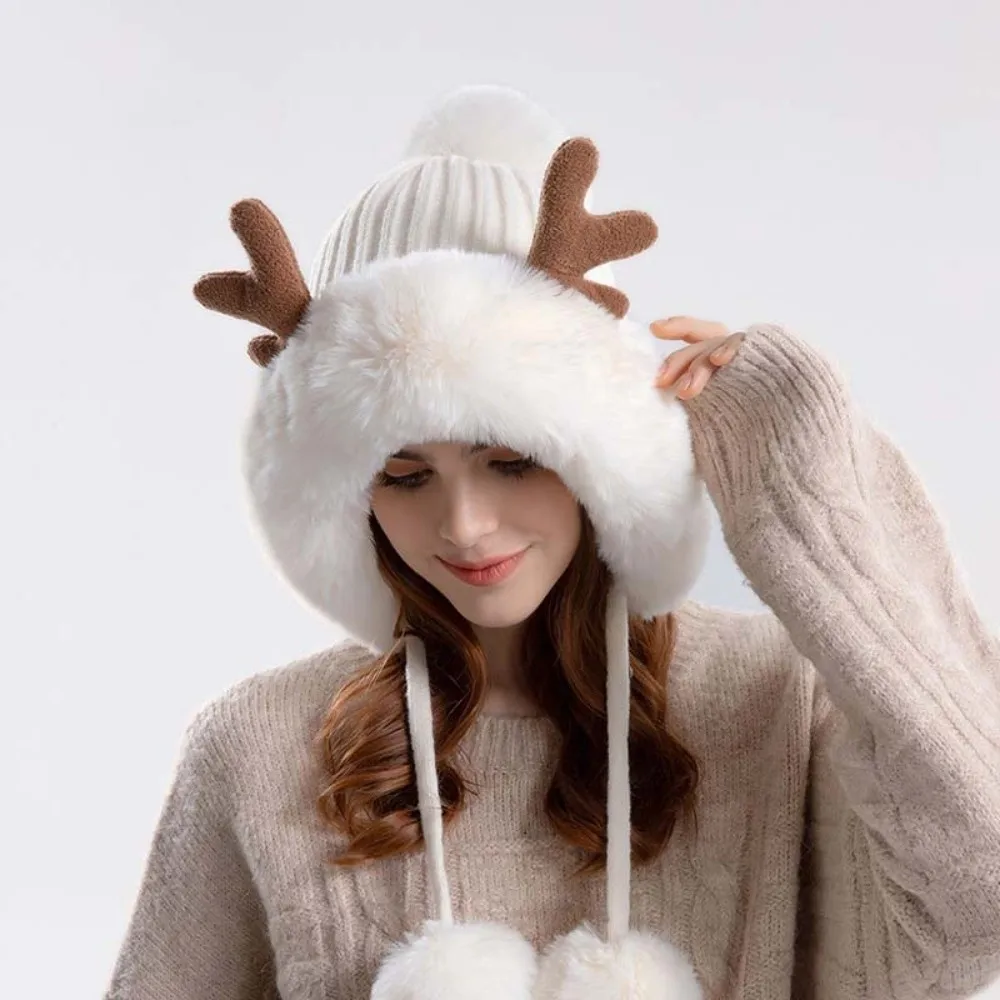 Winter Knit Bonnet Thickened Deer Antler Beanie Thermal Windproof Ear Protection Cap Soft Ribbed Fleece Lined Hat Commuting
