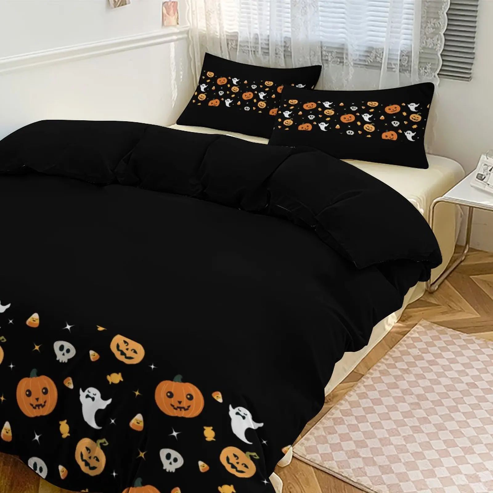 

Halloween Black Pumpkin 3-Piece Set - Skull Ghost Design 1 Duvet + 2 Pillowcases
