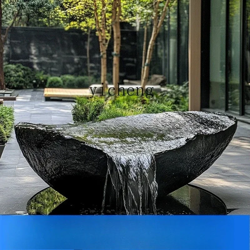 y14-Black Mountain stone water bowl basin courtyard Chinese fountain stone carving water fountain garden water feature