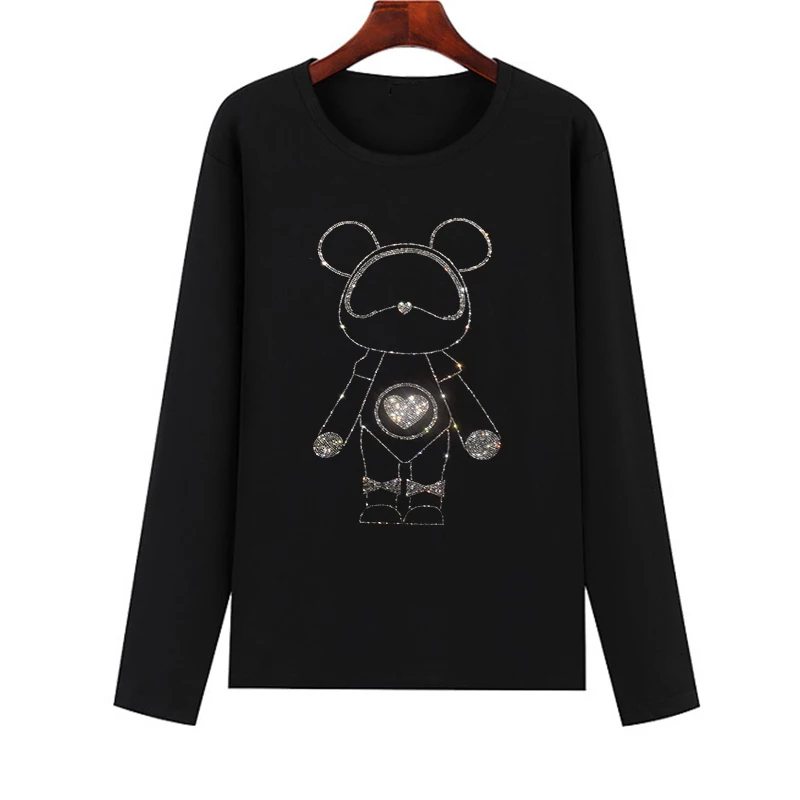 

Hot selling high-quality pure white diamond simple bear women's T-shirts Spring and Autumn long-sleeved hot stamping drill flash