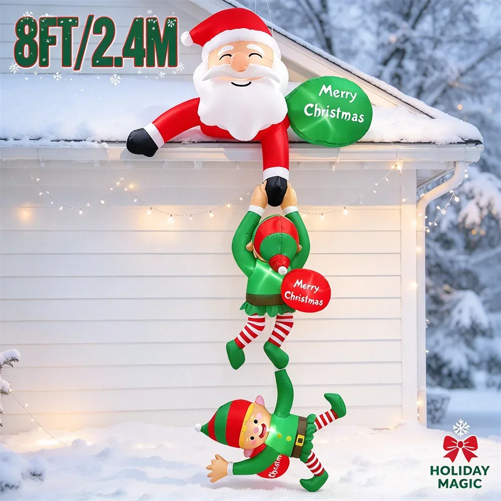 8FT Hanging Christmas Inflatable Model Outdoor Holiday Decoration Santa Pulling Elves Decor with LEDs for Roof Gutter Garden